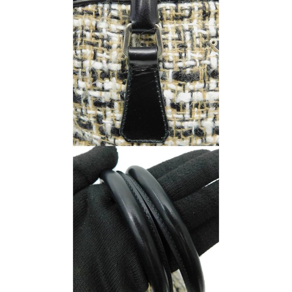PRADA Boston Handbag Tweed Leather Beige Black Compact - Picture 9 of 9